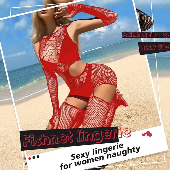 Seductive Red Fishnet Lingerie Set for Women - Plus Size Teddy Bodysuit - Picture 2 of 6